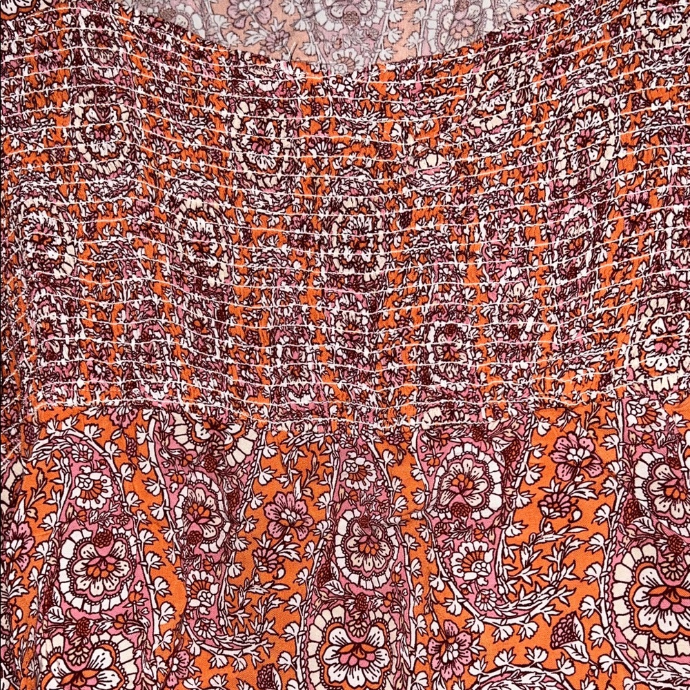 Floral Smocked Bodice Women’s Blouse - Orange/Pink